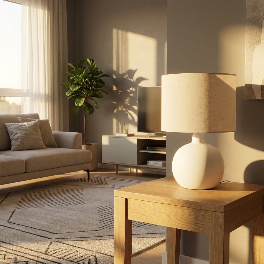 Lampe à poser béton blanc dans un salon aux tonalités sable, lumière dorée de golden hour, canapé taupe et tapis géométrique