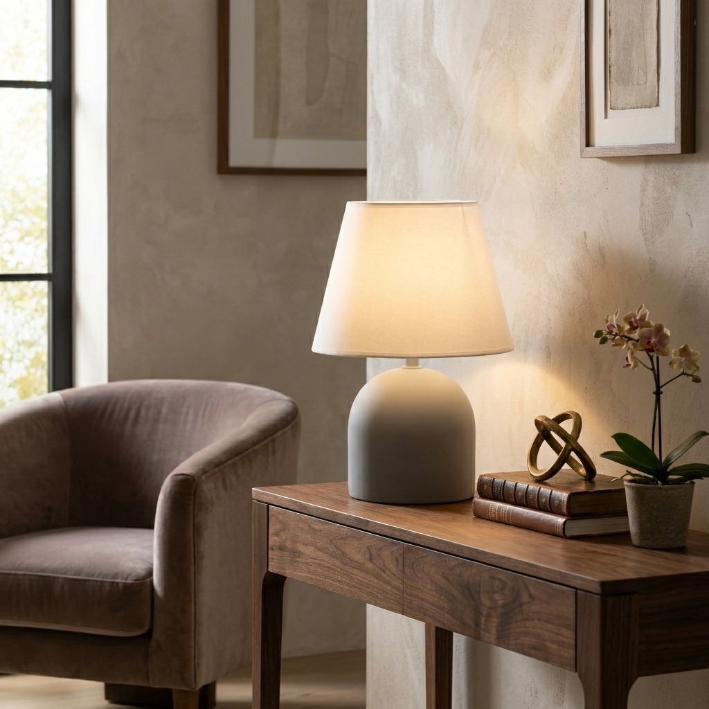 Lampe Olin allumée sur console noyer, fauteuil velours brun, mur enduit crème, ambiance organic modern aux courbes douces.