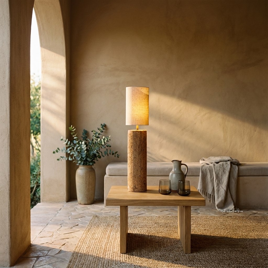 Lampe à poser totem en papier mâché sable allumée sur une table basse en bois, intérieur aux murs chaux et sol pierre.