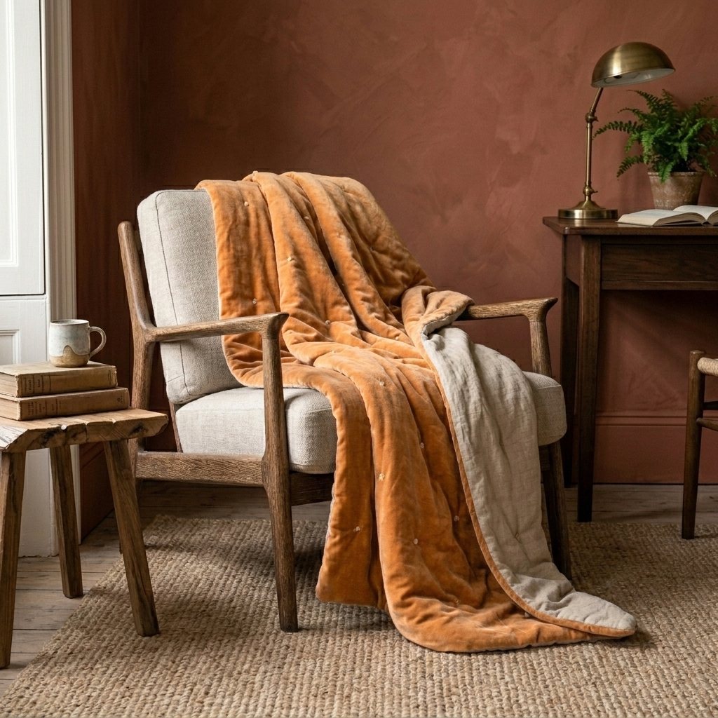 Plaid en velours coton quilté terracotta solaire drapé sur un fauteuil en bois clair avec coussin lin écru, revers en chambray clair visible, mur enduit terracotta chaud, lampe laiton ancienne, fougère en pot terre cuite et tapis jute