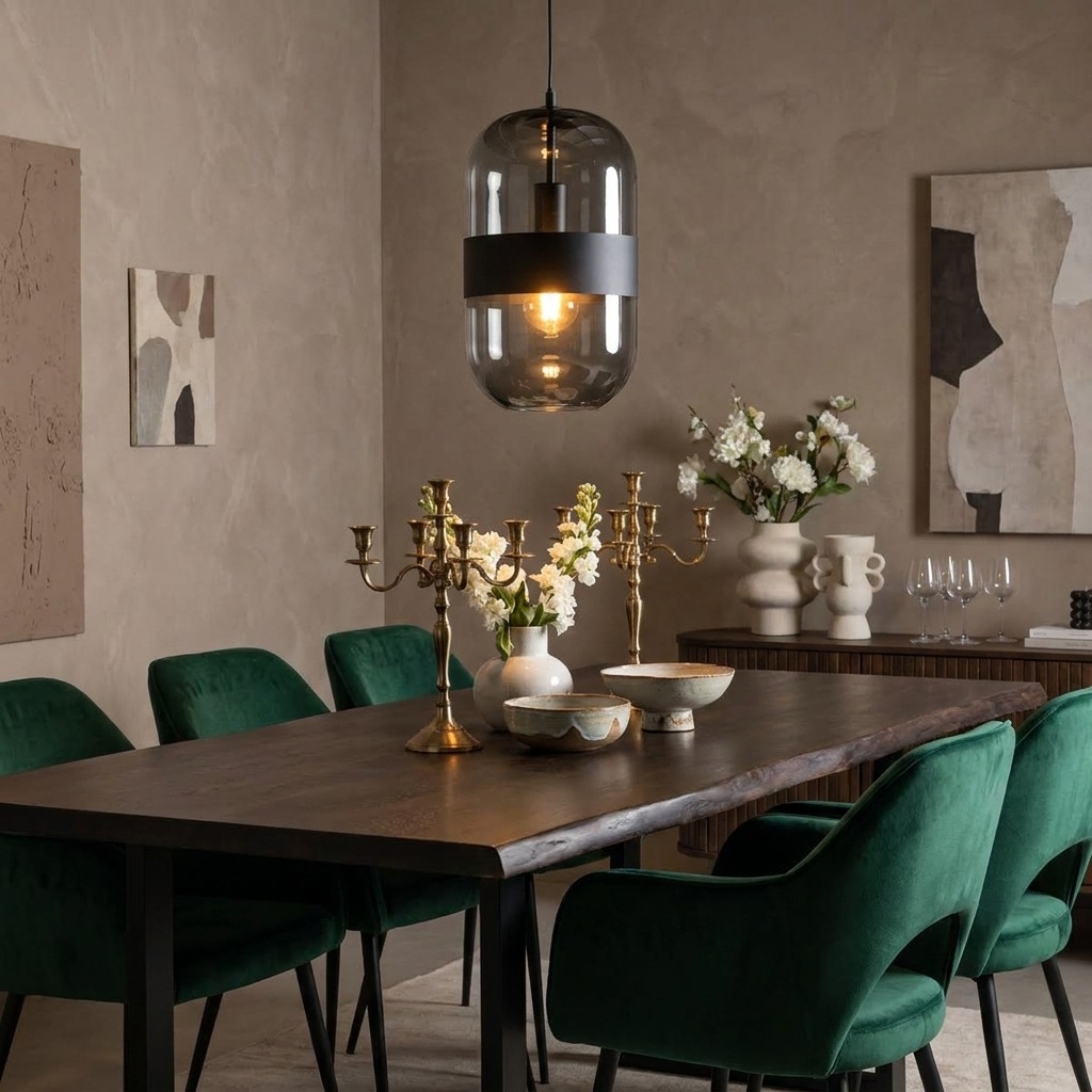 Suspension cylindre verre fumé gris allumée au-dessus d'une table à manger en bois massif bord naturel, chaises velours vert foncé et candélabres laiton, murs enduit taupe chaud