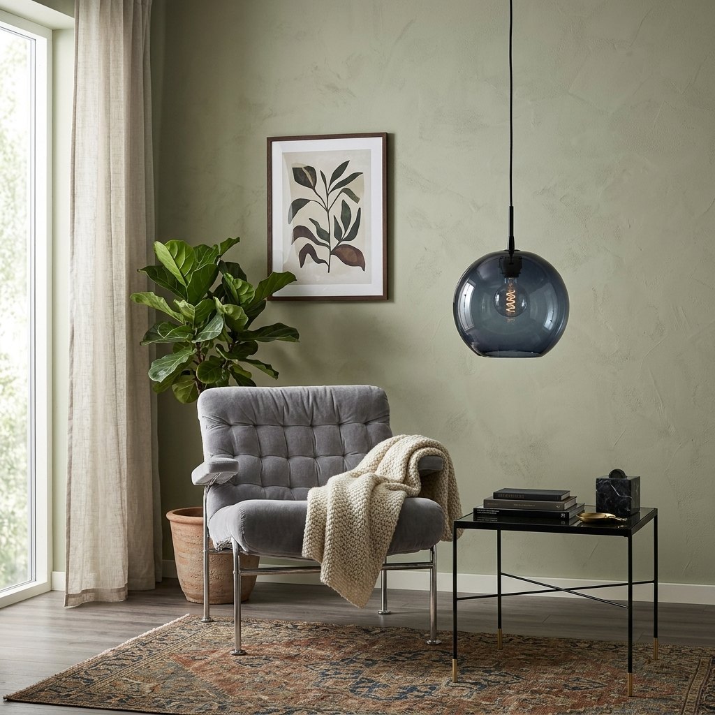 Suspension verre soufflé bleu dans un salon, fauteuil velours gris matelassé et table basse métal noir