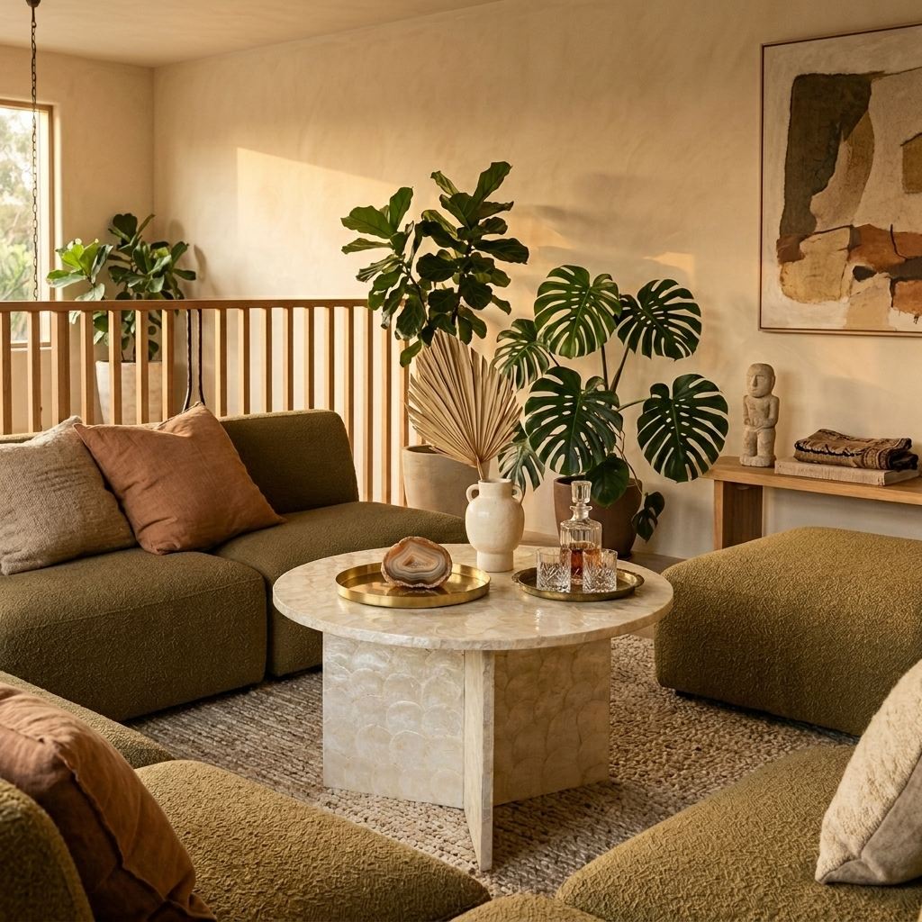 Table basse ronde habillée d'écailles de capiz nacré crème dans un salon organique au canapé bouclé vert olive, mur enduit sable, grand monstera en pot et sculpture en bois