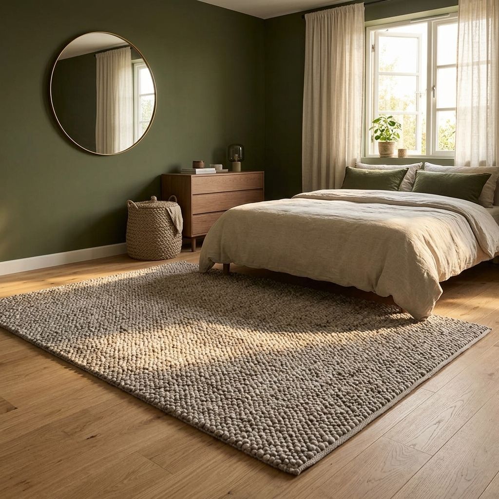 Tapis bouclette beige grège au pied d'un lit lin, murs vert olive, parquet chêne clair, miroir rond doré