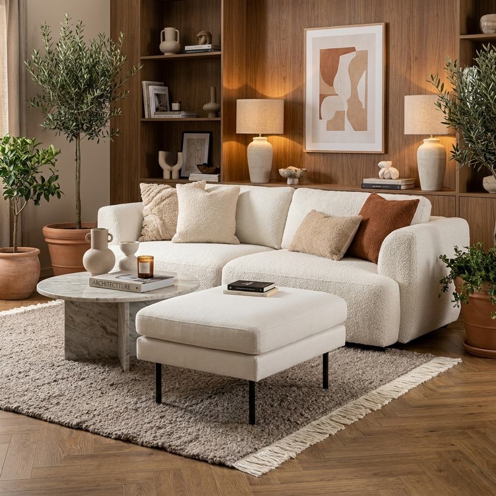 Tapis laine bouclé greige dans un salon aux matières naturelles, canapé bouclé blanc, bois chaud et plantes d'olivier en pot