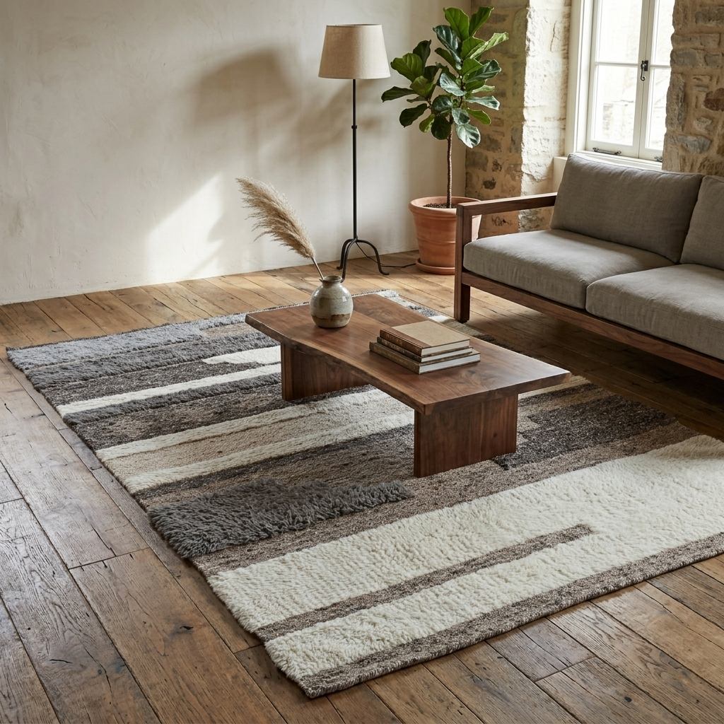 Tapis laine patchwork bandes ivoire et brun, salon Organic Modern, parquet chêne, table basse noyer, canapé lin gris, ficus