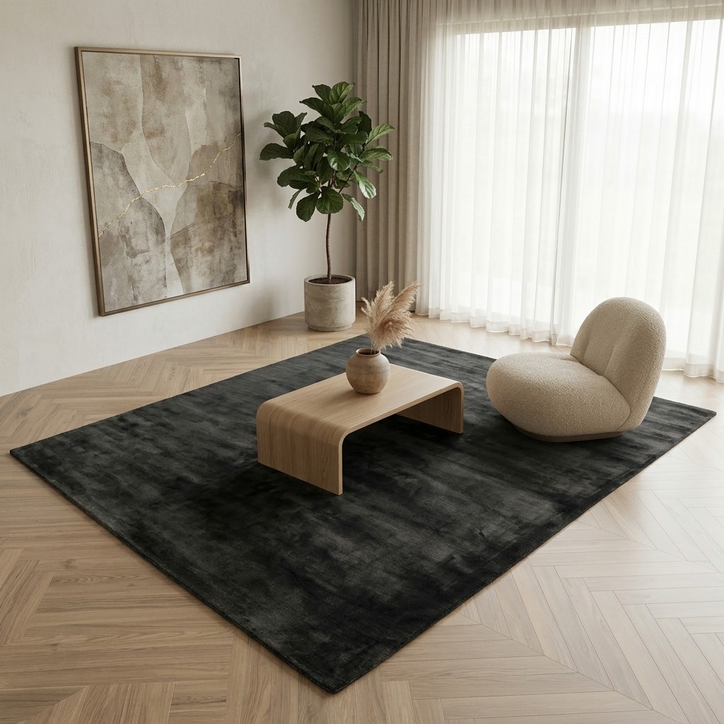 Tapis viscose anthracite dans un salon clair, parquet chevron, fauteuil bouclé crème et table basse en bois courbé
