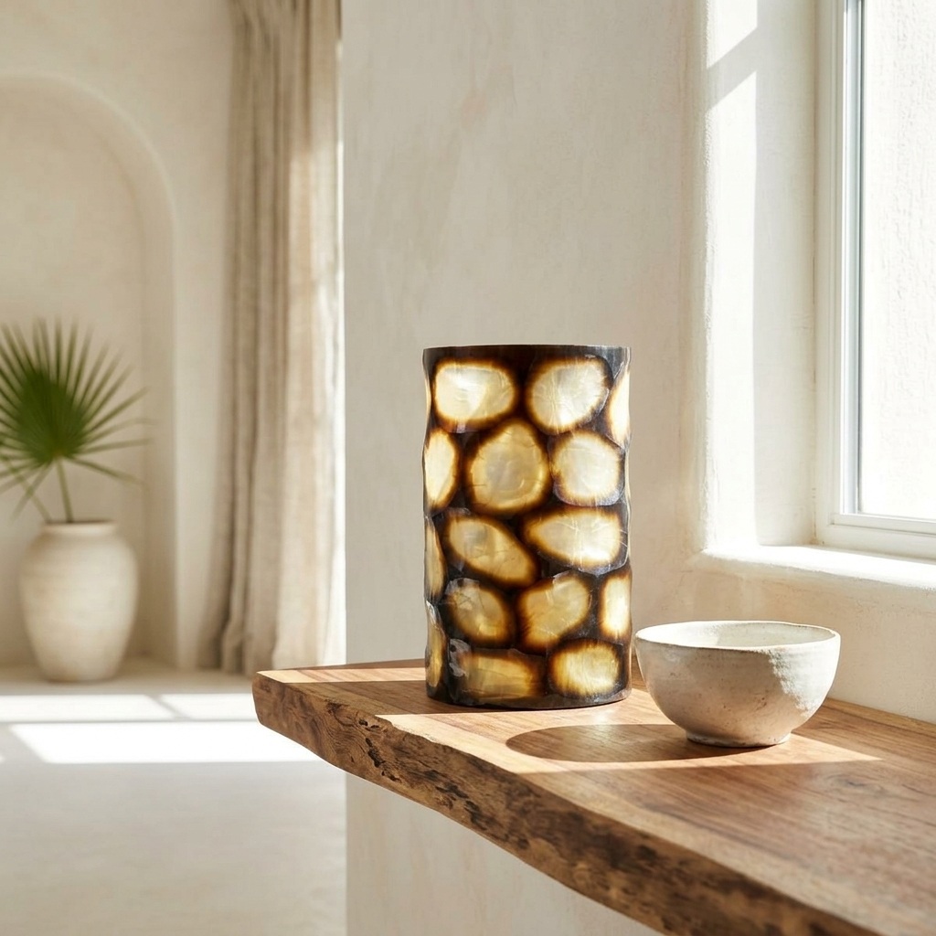 Vase en verre soufflé bouche aux écailles ambrées à relief tortue, posé sur console en bois brut à bord vivant avec bol céramique écru, palmier en pot blanc, mur enduit clair baigné de soleil par baie vitrée