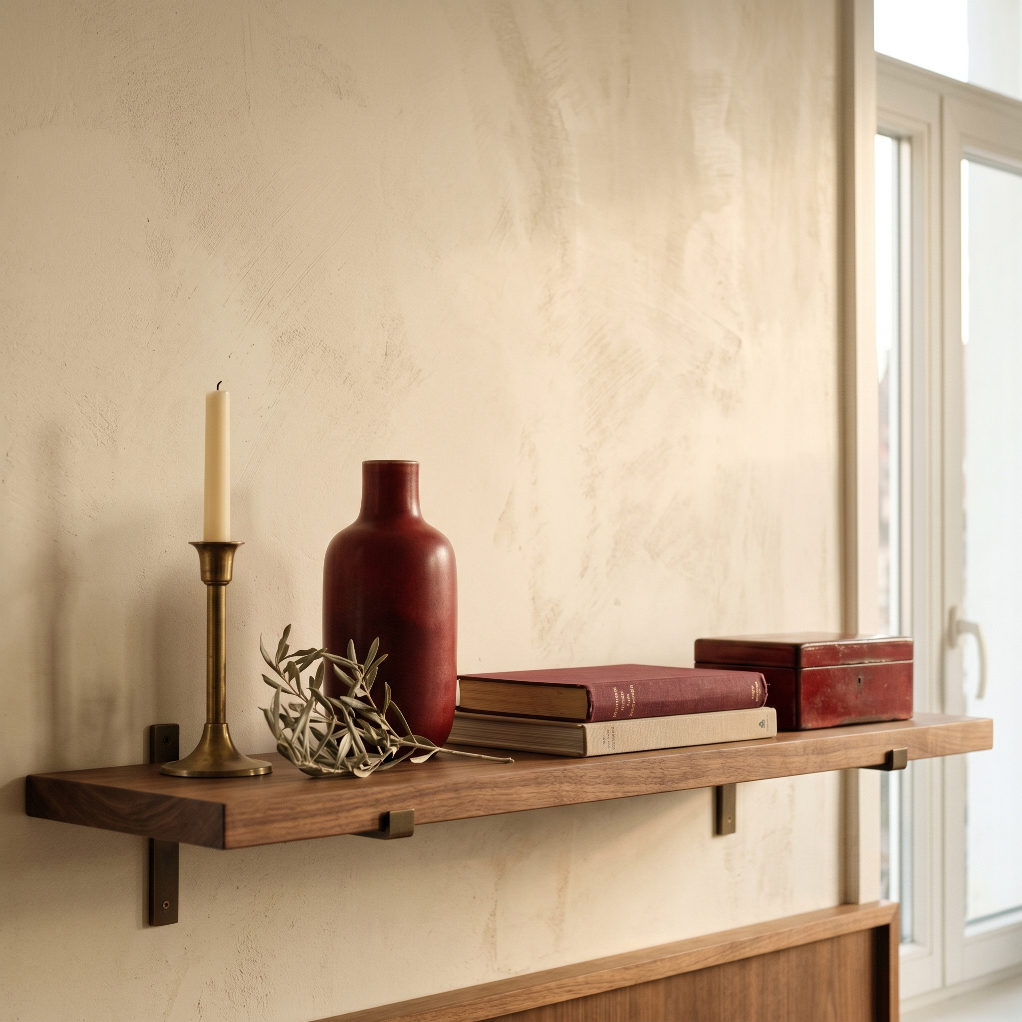 Palette oxblood, mur en plâtre crème mat, étagère en noyer huilé, vase en céramique sang-de-boeuf rouge profond, petite boîte en laque rouge, bougeoir en laiton brossé et brin d'olivier sauge