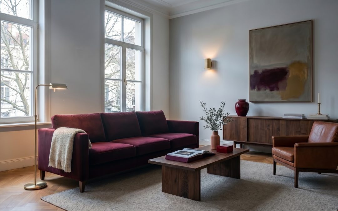 Salon contemporain oxblood dans un appartement bruxellois, canapé en velours lie-de-vin profond, fauteuil en cuir cognac, table basse en noyer huilé, lampadaire et applique en laiton brossé, vase en céramique sang-de-boeuf et branche d'olivier sous lumière naturelle