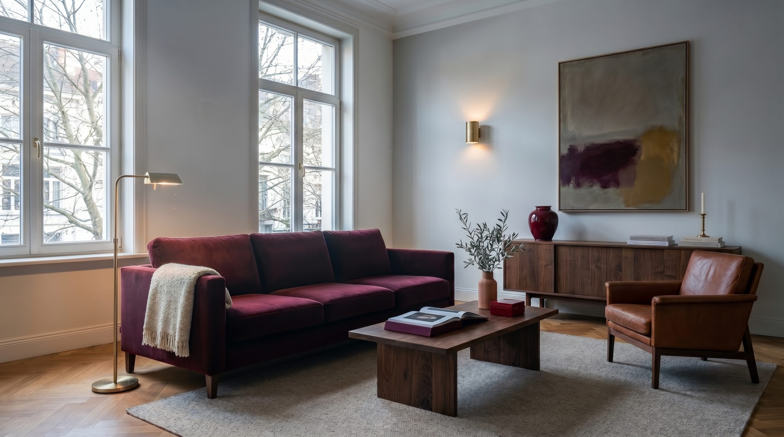 Salon contemporain oxblood dans un appartement bruxellois, canapé en velours lie-de-vin profond, fauteuil en cuir cognac, table basse en noyer huilé, lampadaire et applique en laiton brossé, vase en céramique sang-de-boeuf et branche d'olivier sous lumière naturelle