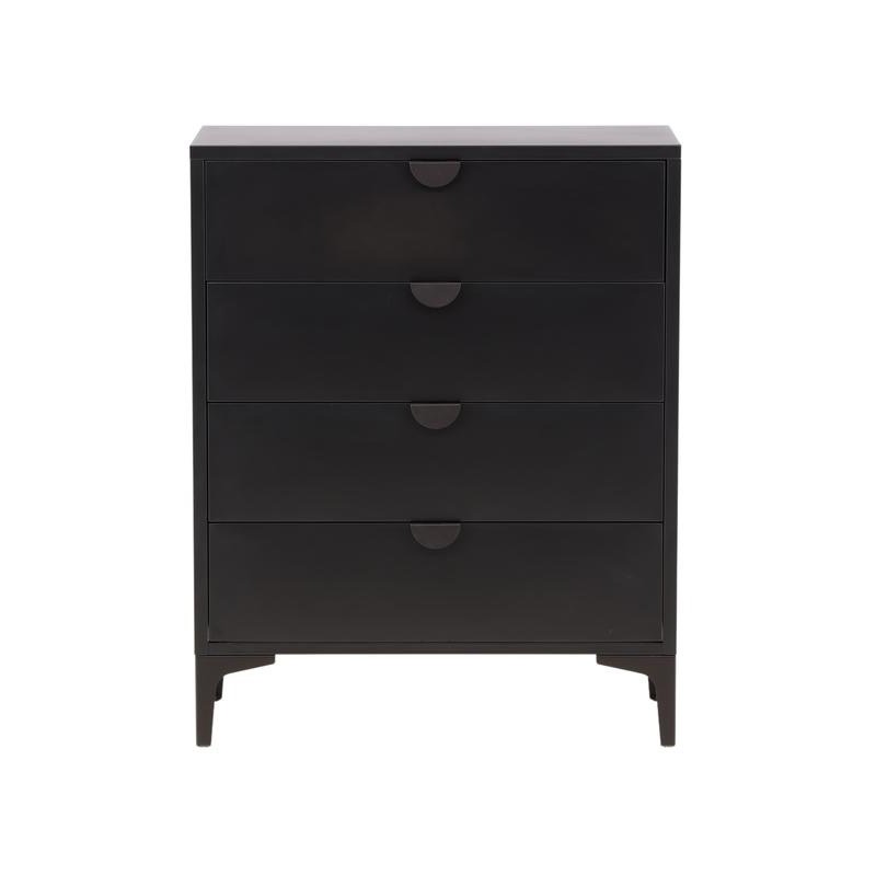 Commode en acier laqué noir mat à quatre tiroirs, vue de face, poignées creusées en demi-lune et pieds compas inclinés