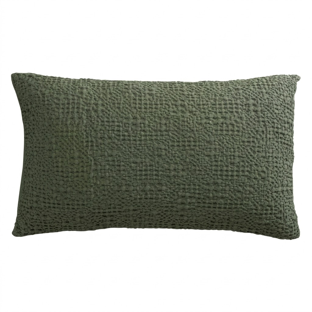 Coussin vert olive en coton stonewashed, vue de face, relief nid d'abeille texturé et coins souples sur fond neutre clair.