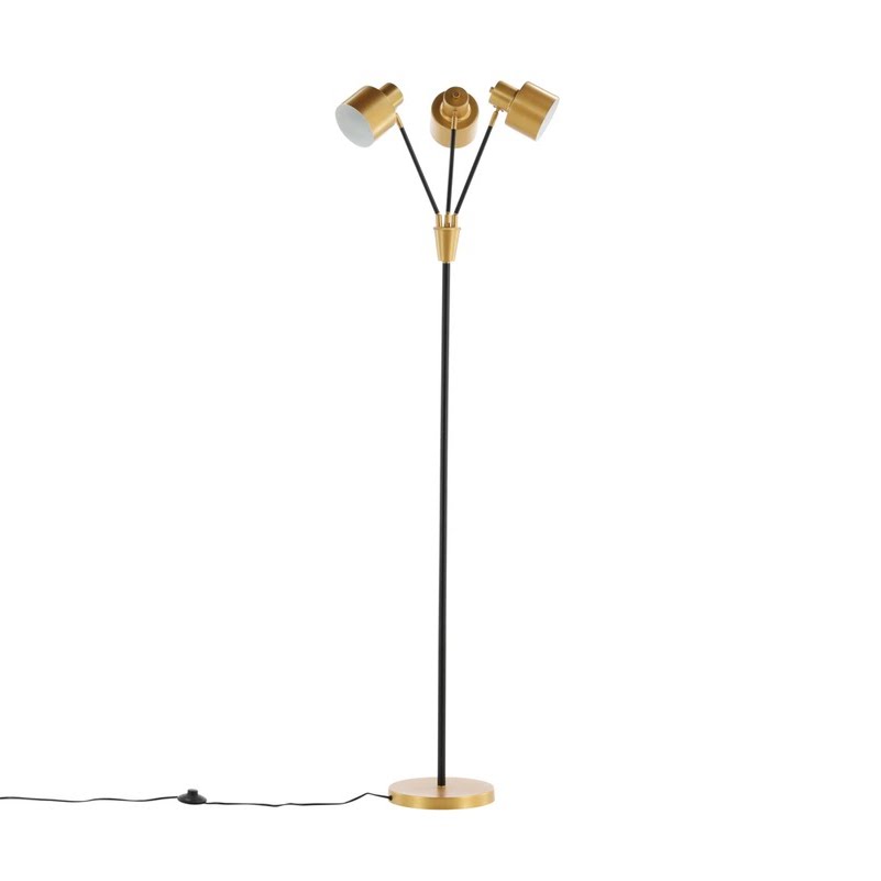 Lampadaire 3 têtes sur pied, fût acier noir mat, têtes et bagues en laiton brossé, vue de face sur fond blanc