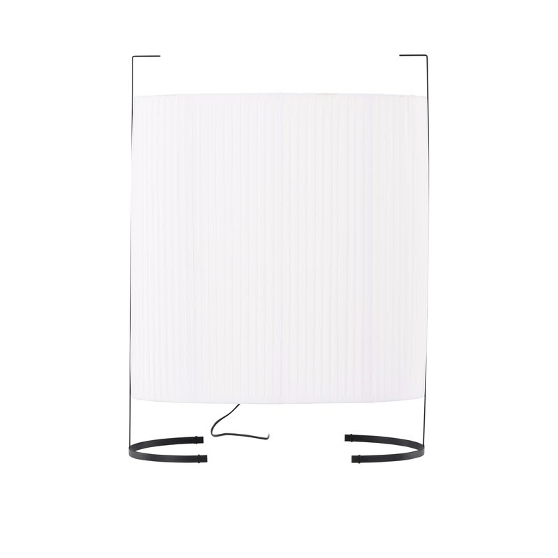 Lampadaire abat-jour lin plissé blanc, vue de face fond blanc, cadre fer noir mat deux montants et base arc circulaire