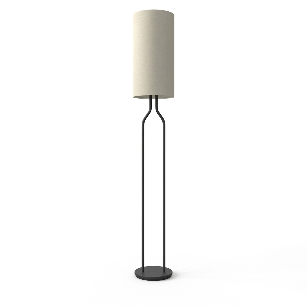 Lampadaire au pied fin en acier noir mat, base ronde et haut abat-jour cylindrique en laine crème, sur fond clair neutre