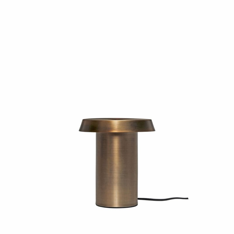 Lampe à poser champignon en laiton bruni brossé, cordon textile noir, posée seule sur fond clair neutre