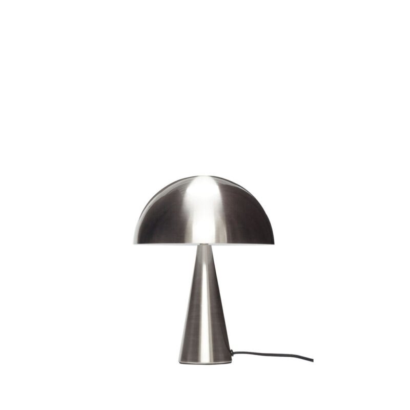 Lampe à poser champignon en fer nickel brossé satiné, dôme et pied conique, sur fond clair neutre