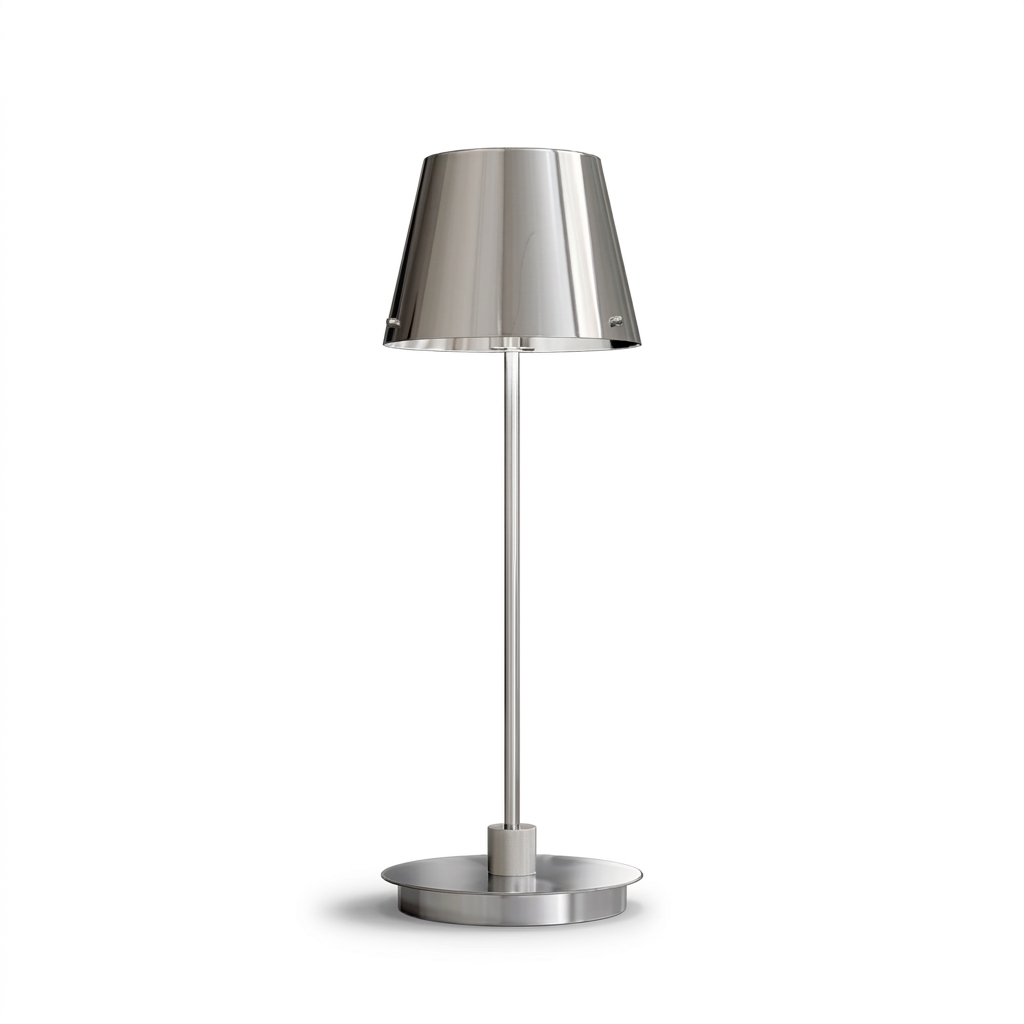 Lampe à poser au socle plat, fût fin et abat-jour conique en acier chromé poli sur fond blanc neutre.