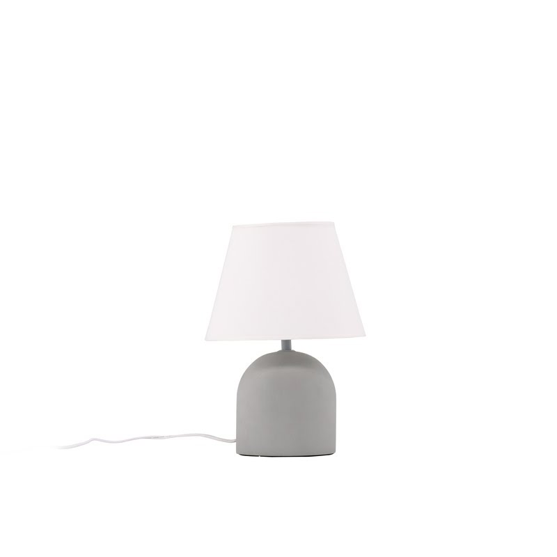 Lampe Olin packshot face, base dôme en béton gris et abat-jour conique en lin blanc, câble visible, fond neutre uni.