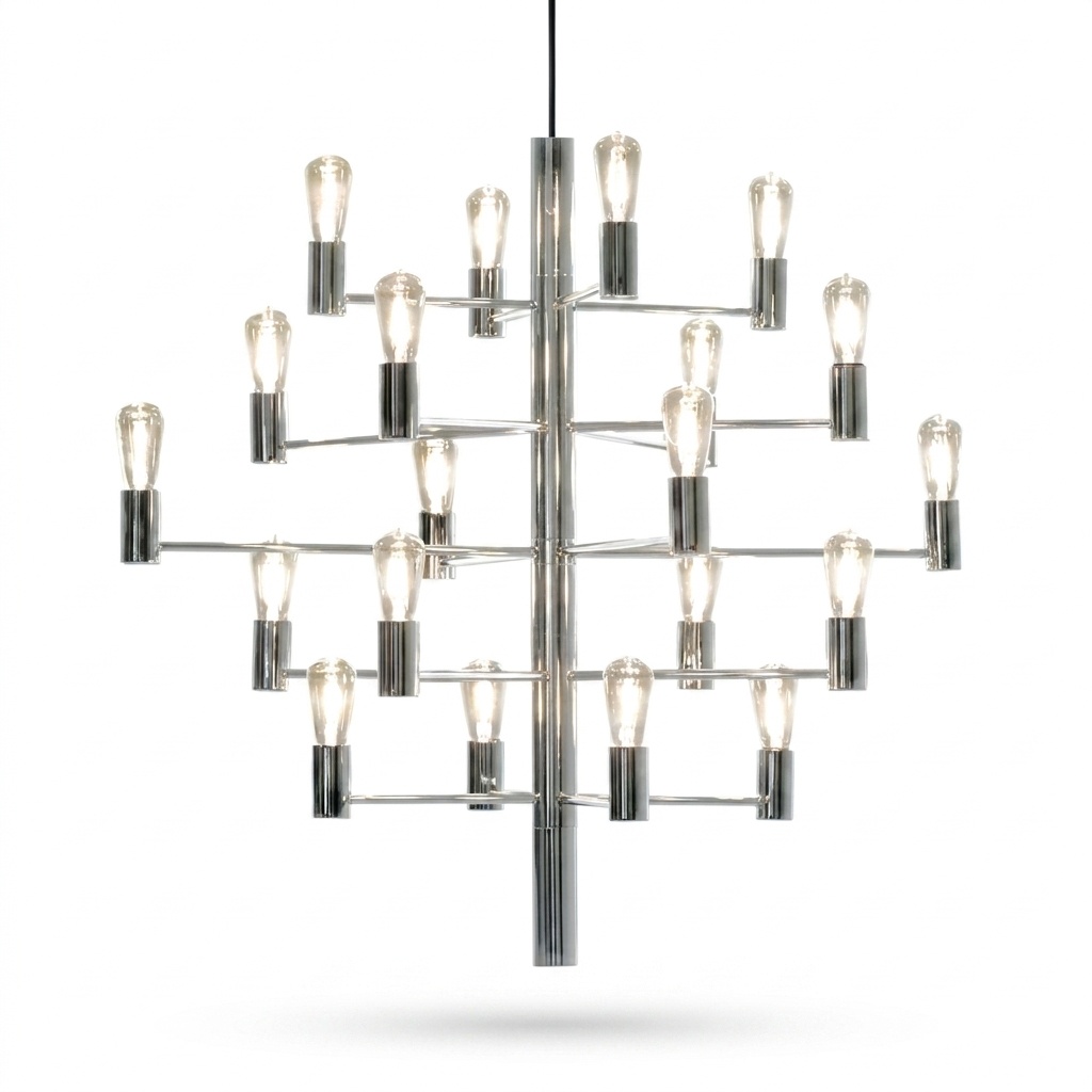 Lustre architectural en acier chromé poli, vingt ampoules à filament transparent réparties sur cinq étages, fond blanc.