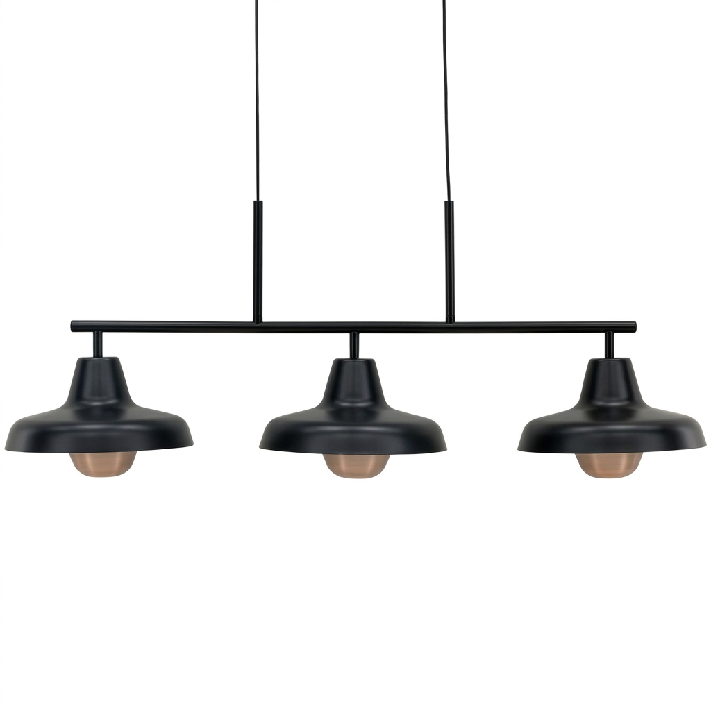 Suspension linéaire 3 cônes en acier noir mat avec intérieur cuivré, barre horizontale et deux câbles, vue de face.