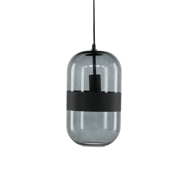 Suspension cylindre verre fumé gris, vue de face fond blanc, bandeau acier noir mat au tiers supérieur et câble noir