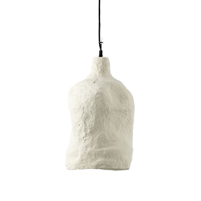Suspension papier mâché blanc, profil de bouteille déformée avec col court et base bombée, finition mate granuleuse.