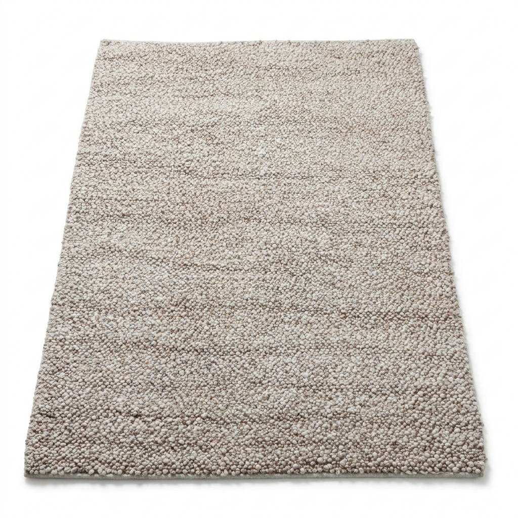 Tapis bouclette beige grège 200×300 cm laine et viscose, packshot fond blanc, surface bouclée dense