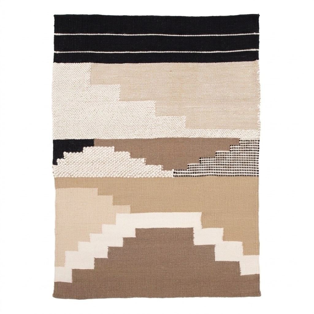 Tapis kilim laine géométrique 230x160, vue de dessus, motifs escaliers beige et brun tranchés par bande noire, fond blanc