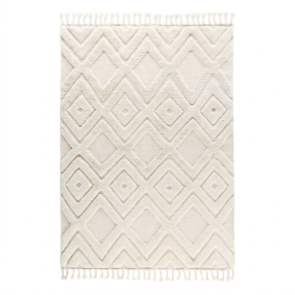 Tapis laine blanc relief carved losanges, vue de face, motif géométrique diagonal en pile différenciée, franges courtes, fond blanc