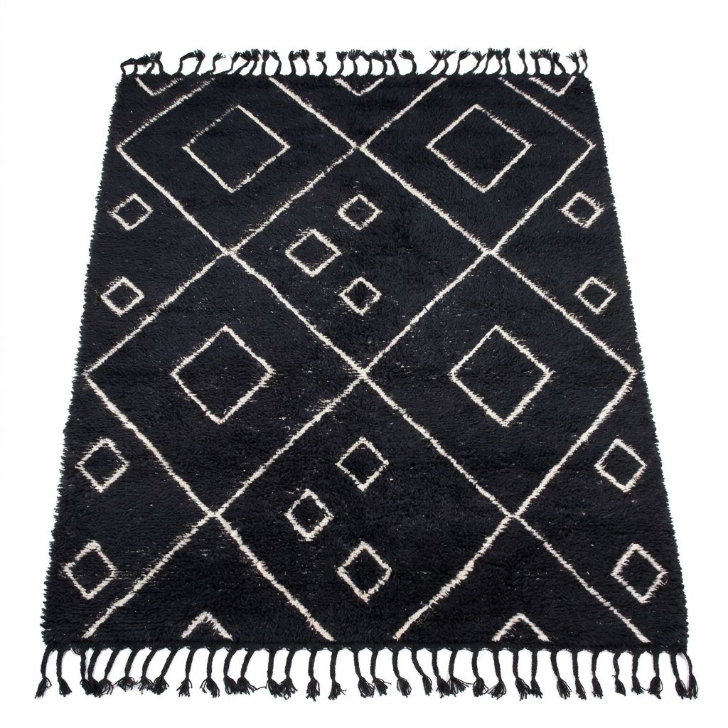 Tapis laine tufté main noir et blanc, vue de face, motif losanges blancs en quinconce, franges noires, fond blanc