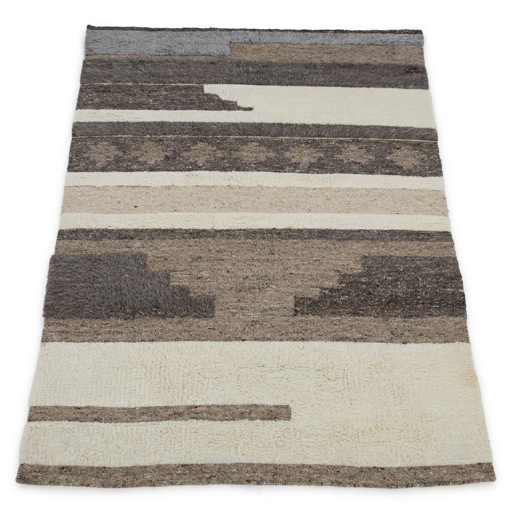 Tapis laine patchwork bandes, vue de dessus, alternance shaggy bouclé et kilim plat, tons ivoire, brun et gris, fond neutre