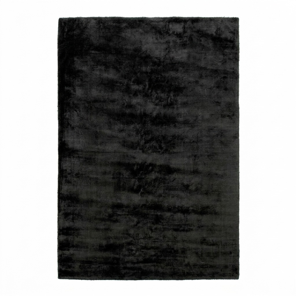 Tapis viscose anthracite vu de dessus sur fond neutre, surface ras à l'éclat satiné, format rectangulaire 300 x 200 cm