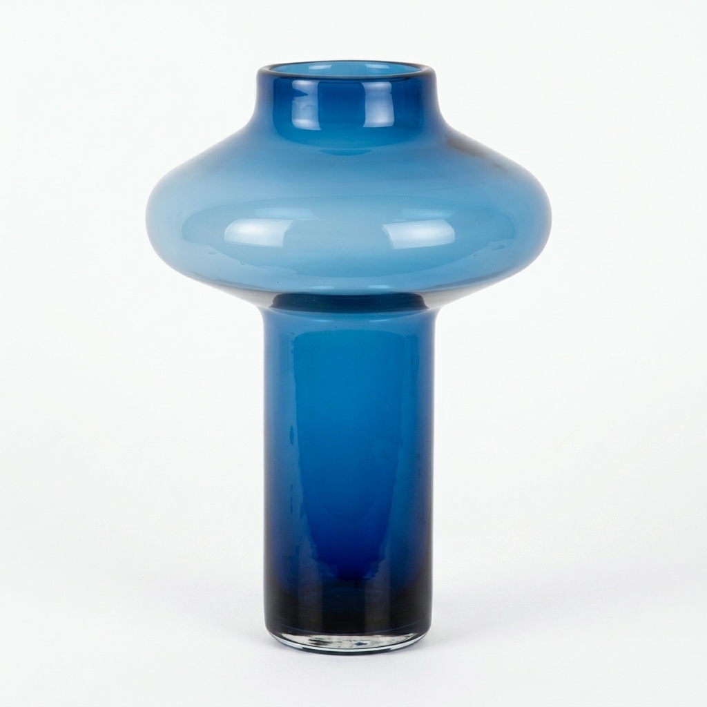 Vase en verre bleu cobalt translucide, large dôme évasé sur tige fine, fond blanc neutre