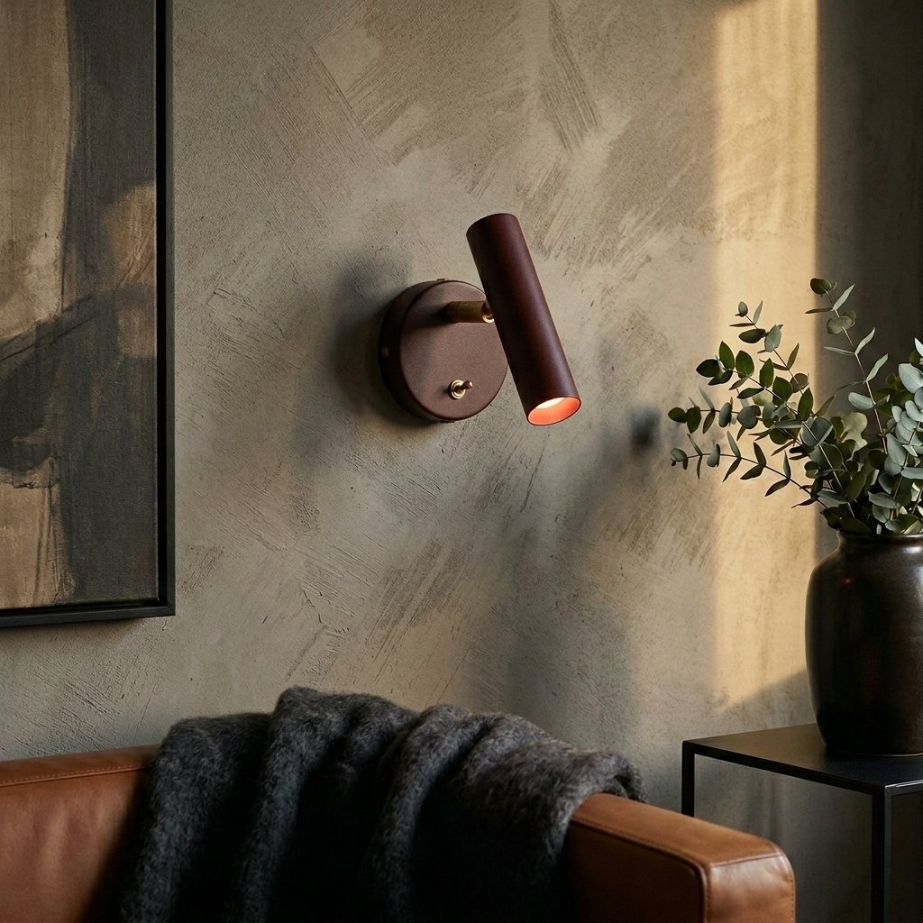 Applique murale bordeaux mat et laiton brossé montée sur un mur texturé, plaid sombre et canapé cuir en contrebas
