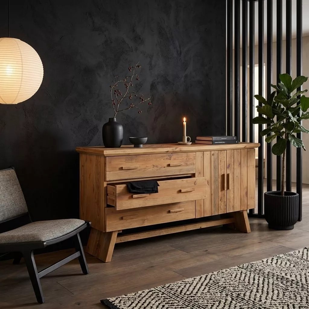 Buffet Helgady en pin recyclé devant un mur enduit sombre, tiroir ouvert, fauteuil gris et lanterne papier japonaise