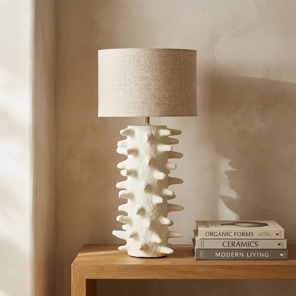 Lampe à poser papier mâché blanc ivoire à pied hérissé d'épines coniques sur console bois clair, abat-jour cylindre lin écru.