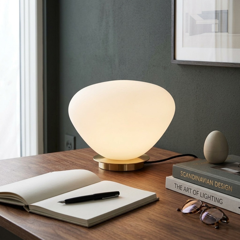 Lampe à poser galet en verre opalin allumée sur une base en laiton brossé, posée sur un bureau en bois et carnet ouvert