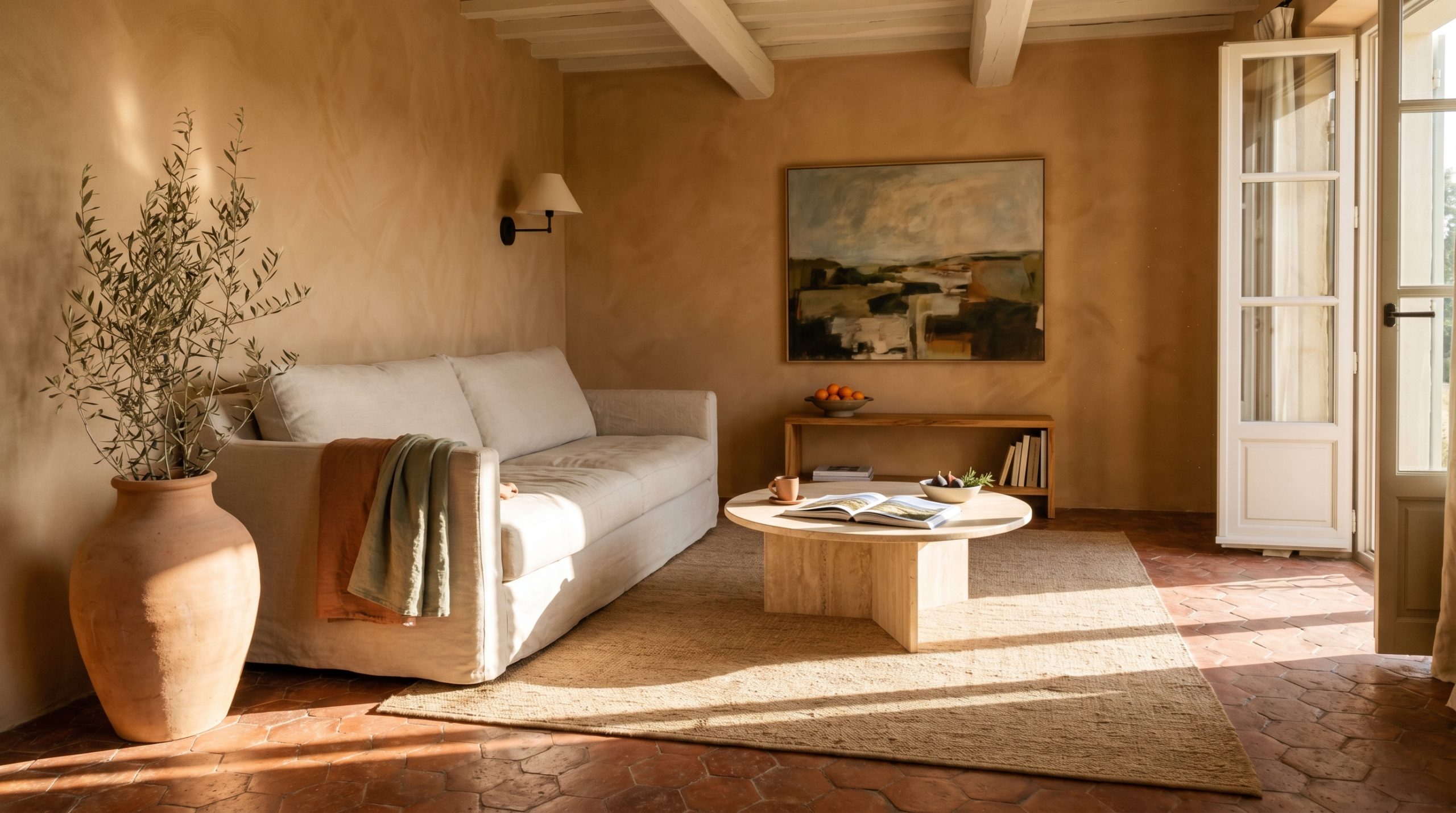 Salon Sunbaked Méditerranéen dans un mas de Provence restauré, mur en limewash terracotta, canapé lin écru avec plaid rouille, table basse ronde en bois huilé, jarre terre cuite avec branche d'olivier et tomettes hexagonales patinées sous lumière du sud rasante