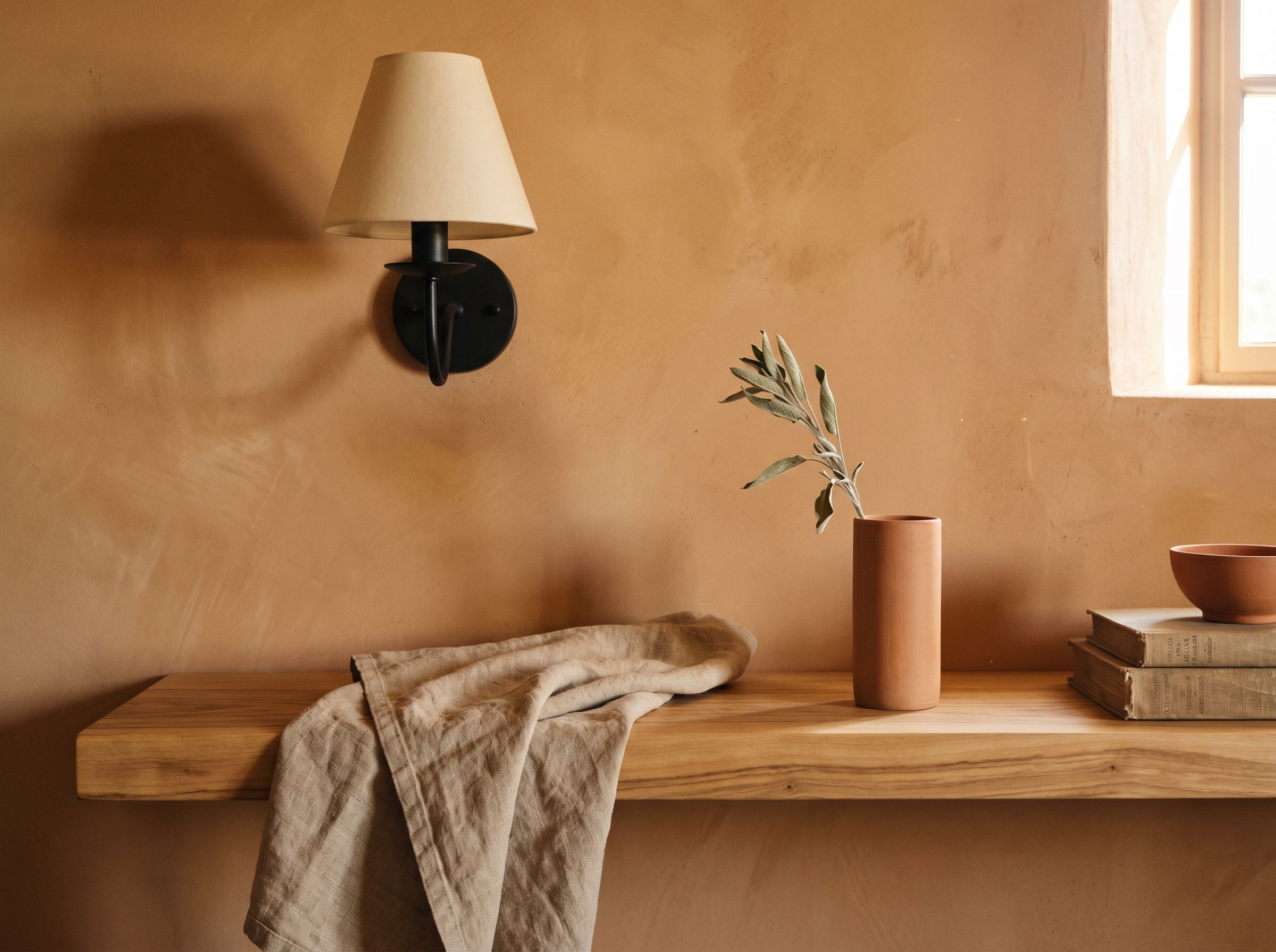 Palette Sunbaked Méditerranéenne, mur limewash ocre-terracotta, étagère flottante en bois huilé, applique fer noir et vase en terre cuite avec brindille de sauge sous lumière du matin chaude