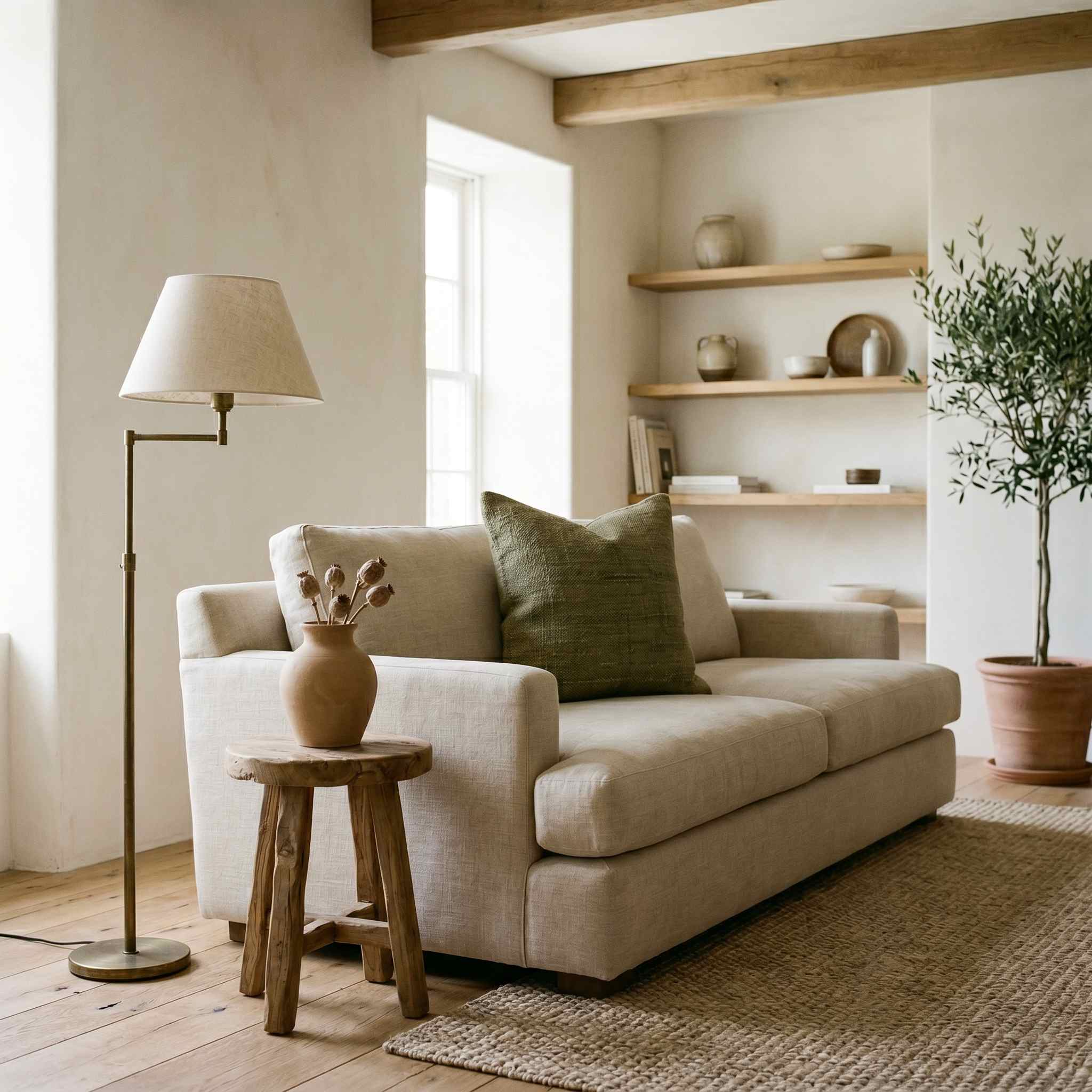 Accents de l'univers Organique Atelier XVI : coussin vert olive sur canapé lin écru, vase et pot en terre cuite, lampe à pied en laiton vieilli, olivier en pot. Trois directions d'accents (terreuse, végétale, métallique) en touches mesurées.