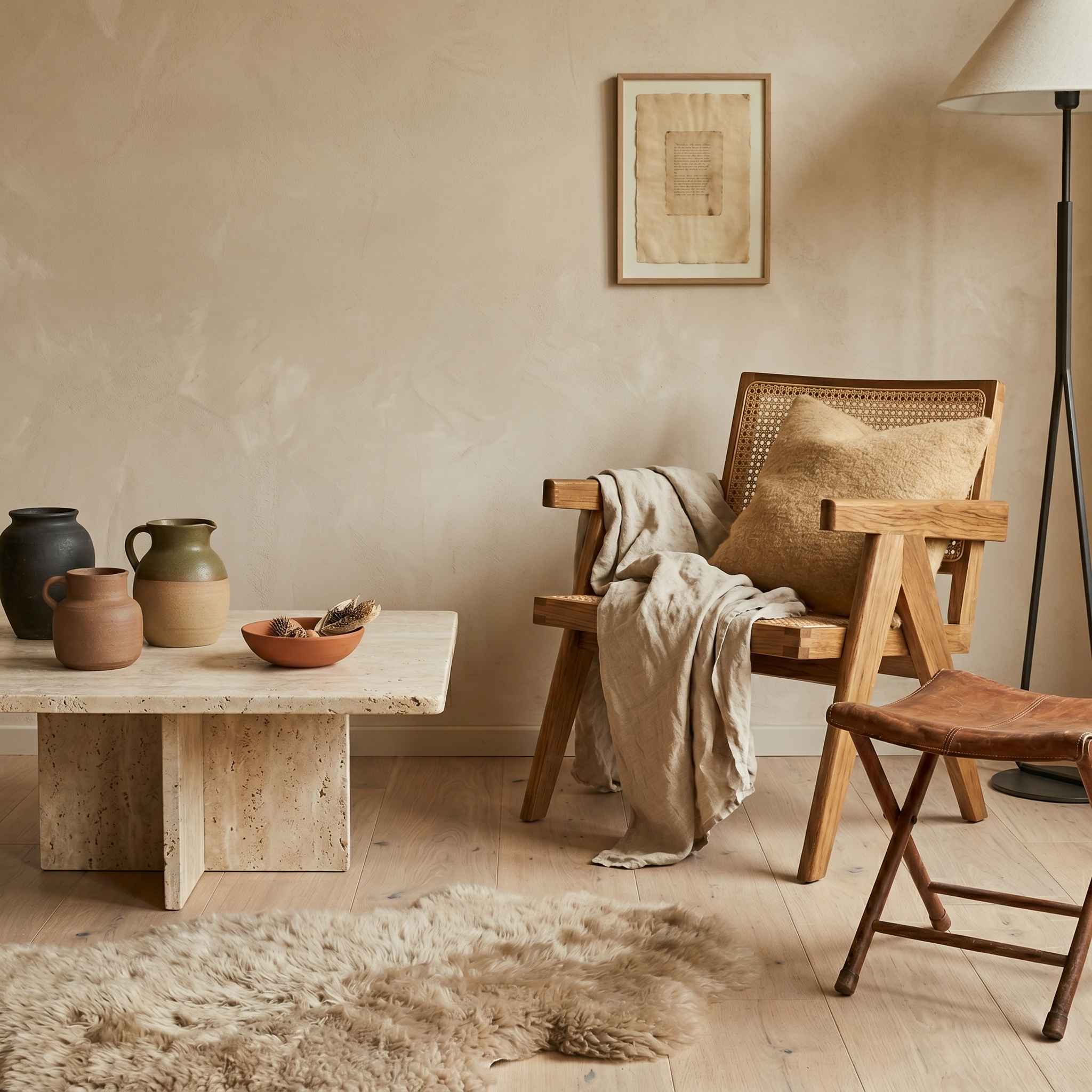 Matières de l'univers Organique Atelier XVI : table basse en travertin, vases en céramique chamottée aux tons sourds (gris, olive, argile, terre cuite), chaise en bois et cannage, plaid lin et peau de mouton.