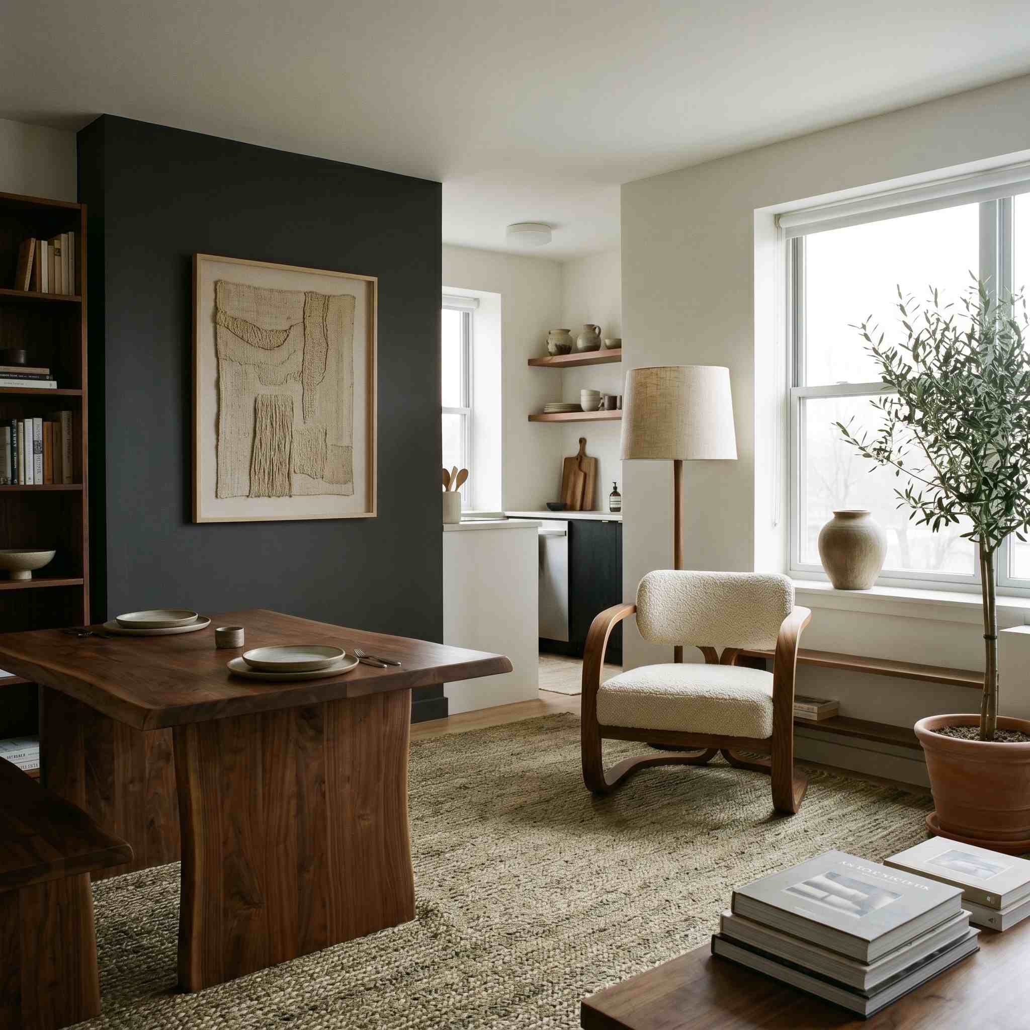 Univers Organique Atelier XVI dans un petit espace : pan de mur charcoal, bibliothèque en noyer massif, table en bois ancien, fauteuil bouclé sculptural, lampe à pied lin, olivier en pot, tableau textile artisanal.