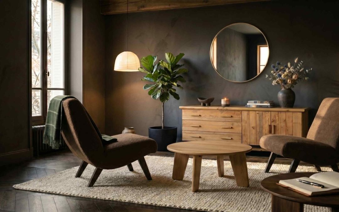 Salon Dark Japandi 2026 en noyer fume et charcoal, fauteuil bas, duo de vases en ceramique noire mate et tapis ecru, lumiere contre-jour contemplative