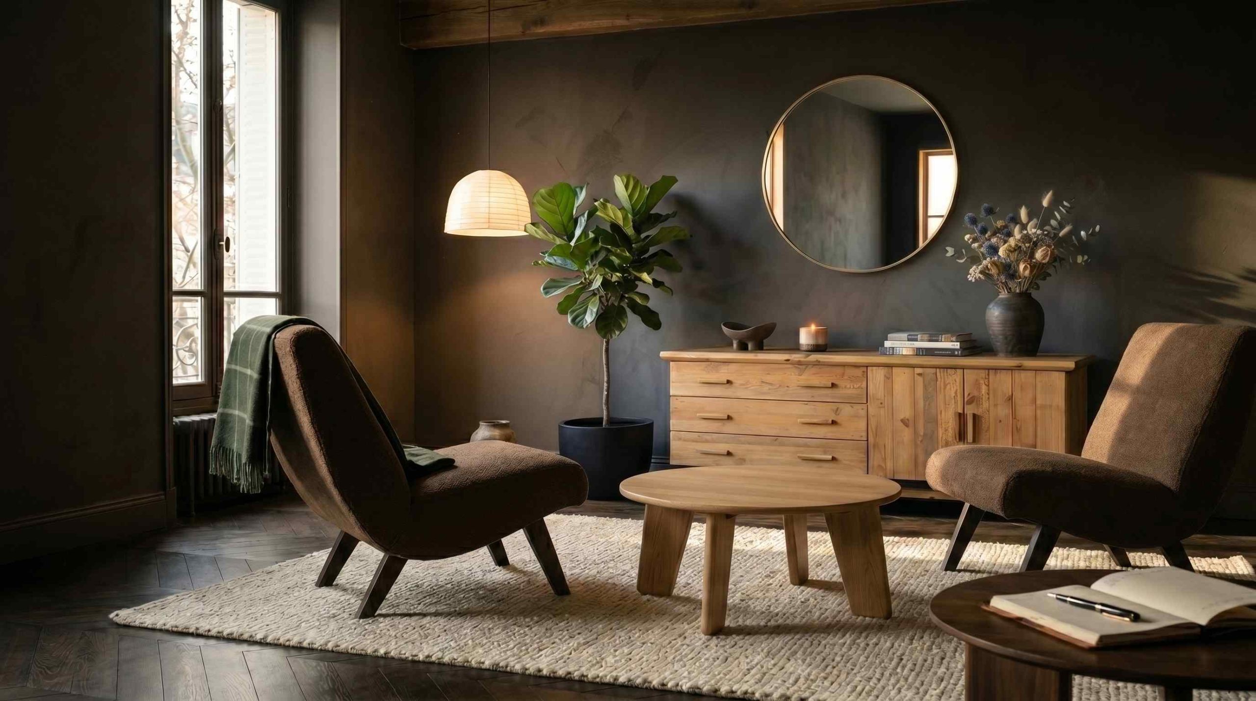 Salon Dark Japandi 2026 en noyer fume et charcoal, fauteuil bas, duo de vases en ceramique noire mate et tapis ecru, lumiere contre-jour contemplative