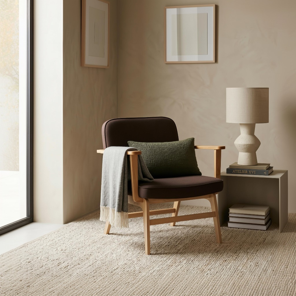 Coin lecture aux tons naturels : fauteuil en bois clair et tissu brun, coussin vert mousse, plaid à franges, lampe à poser et table d'appoint minéral