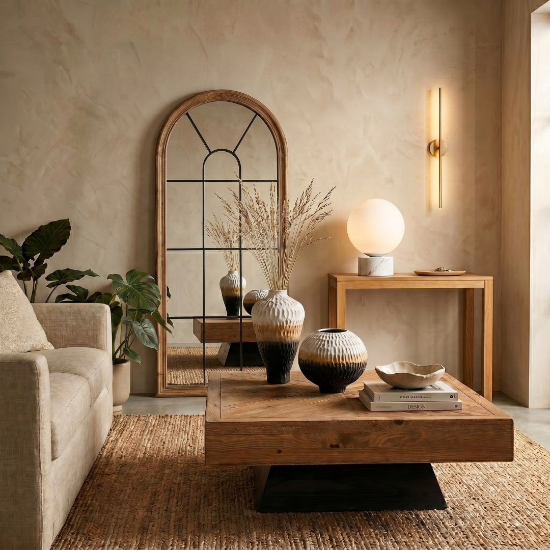Salon japandi aux tons sable, table basse massive en bois et tapis jute, deux vases céramique sculptés et bol minéral, grand miroir en arche, console avec lampe globe et applique murale verticale, canapé écru