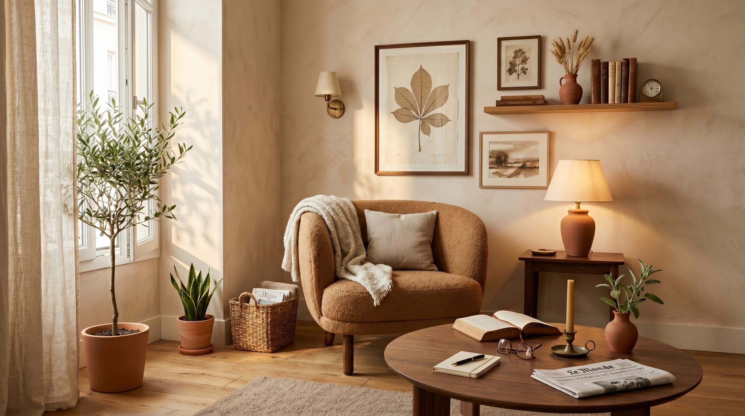 Coin lecture du matin habite dans un appartement contemporain sobre, fauteuil en boucle caramel avec plaid en boucle ecru en pli doux et coussin en lin pale, lampe en ceramique terre cuite allumee sur petit gueridon en noyer, etagere murale etroite garnie de livres relies et d'une horloge ancienne, applique en laiton patine et duo de cadres dont une grande planche de feuille sechee, olivier en pot terre cuite penchant vers une fenetre lumineuse, table basse en noyer huile avec tasse de cafe fumante, livre relie cuir ouvert et carnet de notes