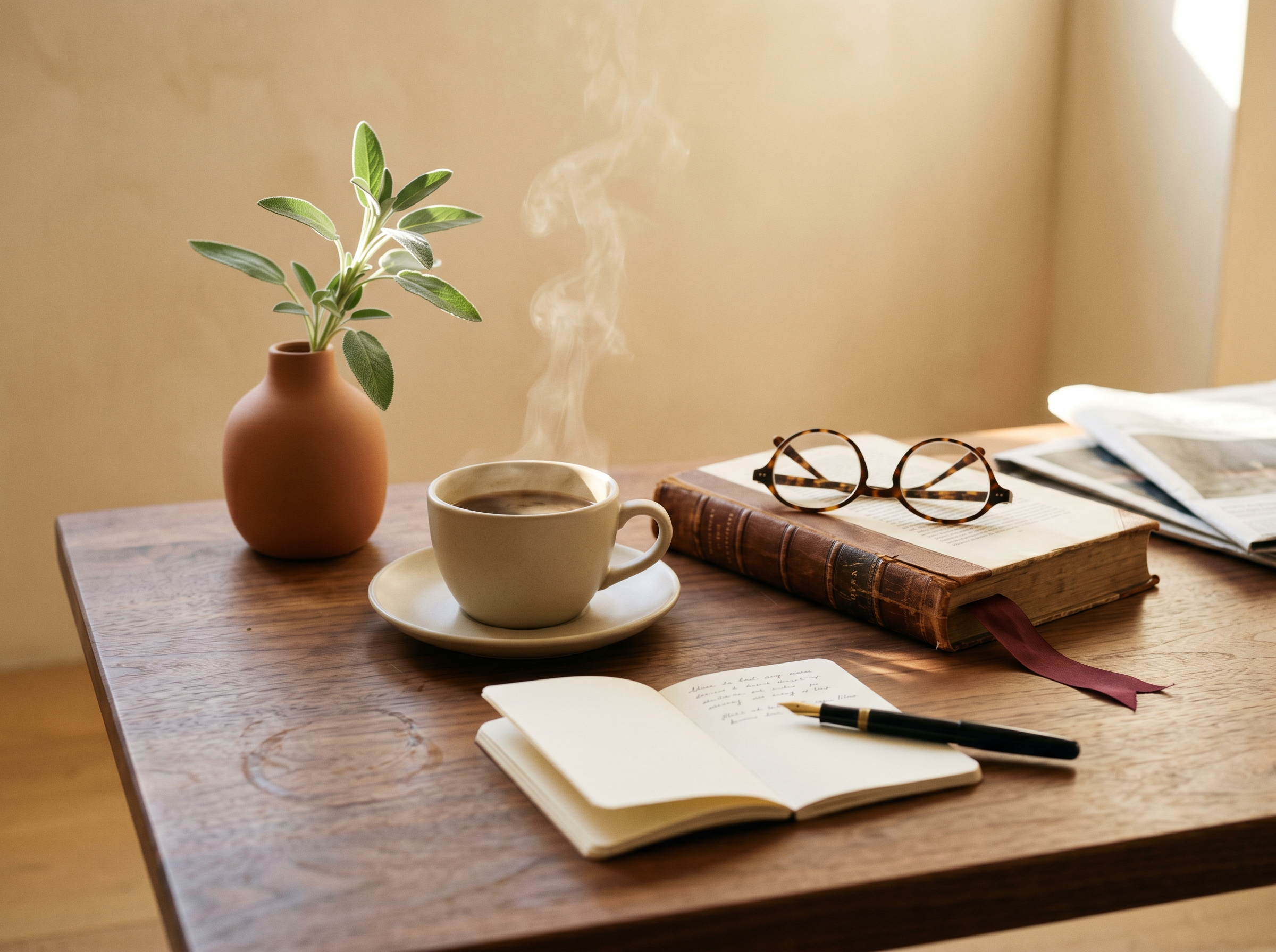 Nature morte du matin sur table basse en noyer huile, tasse de cafe en gres ecru fumante avec sa soucoupe, livre relie cuir cognac ouvert avec marque-page ruban oxblood et lunettes en ecaille posees, carnet ouvert avec ecriture cursive en cours et stylo plume a plume laiton, petit vase en terre cuite tenant une branche de sauge fraiche et journal plie a l'arriere sous lumiere oblique chaude